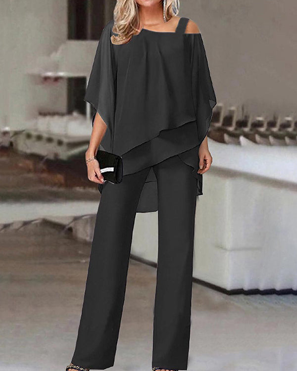 Ensemble Top Mousseline Manches Chauve-Souris et Pantalon