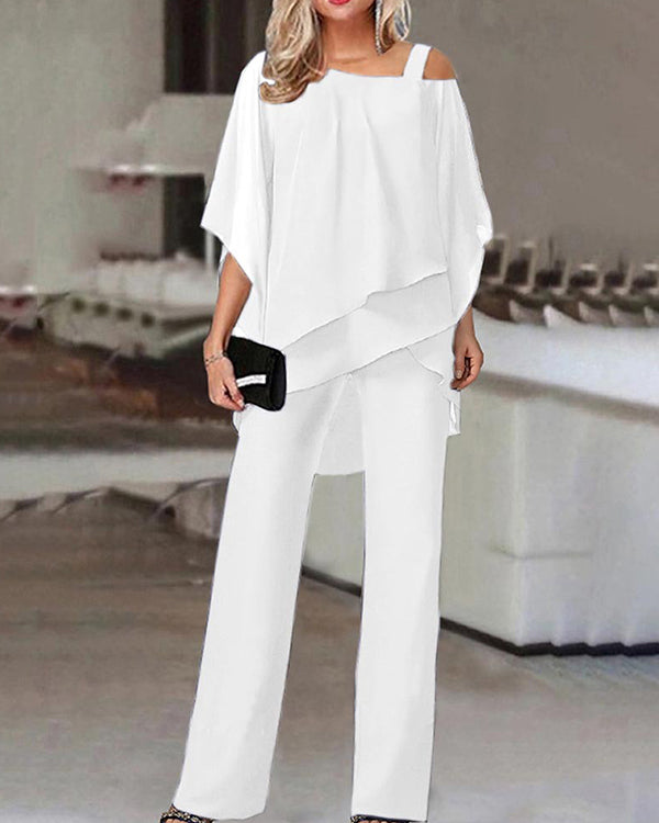 Ensemble Top Mousseline Manches Chauve-Souris et Pantalon
