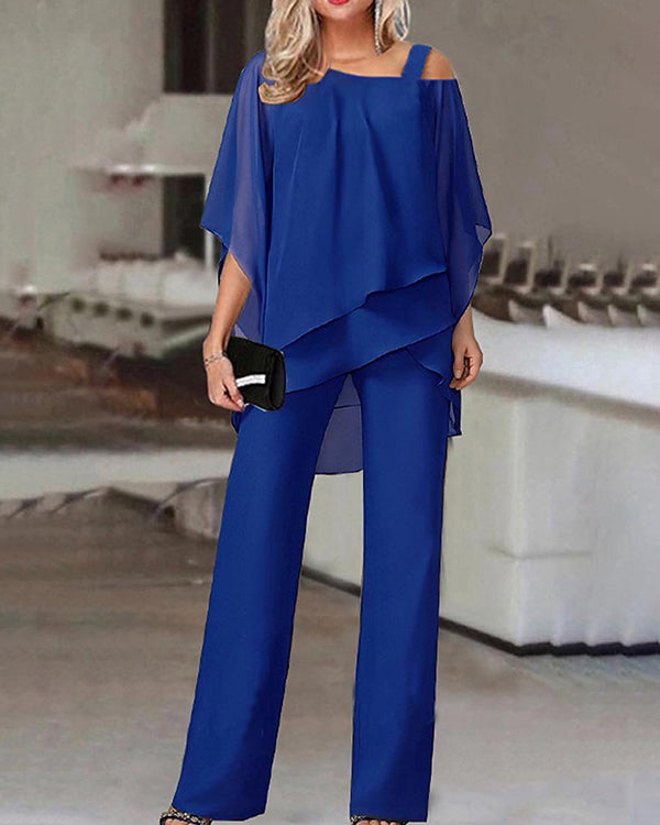 Ensemble Top Mousseline Manches Chauve-Souris et Pantalon