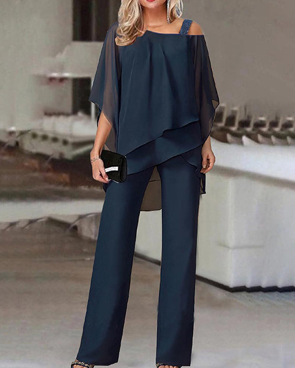 Ensemble Top Mousseline Manches Chauve-Souris et Pantalon