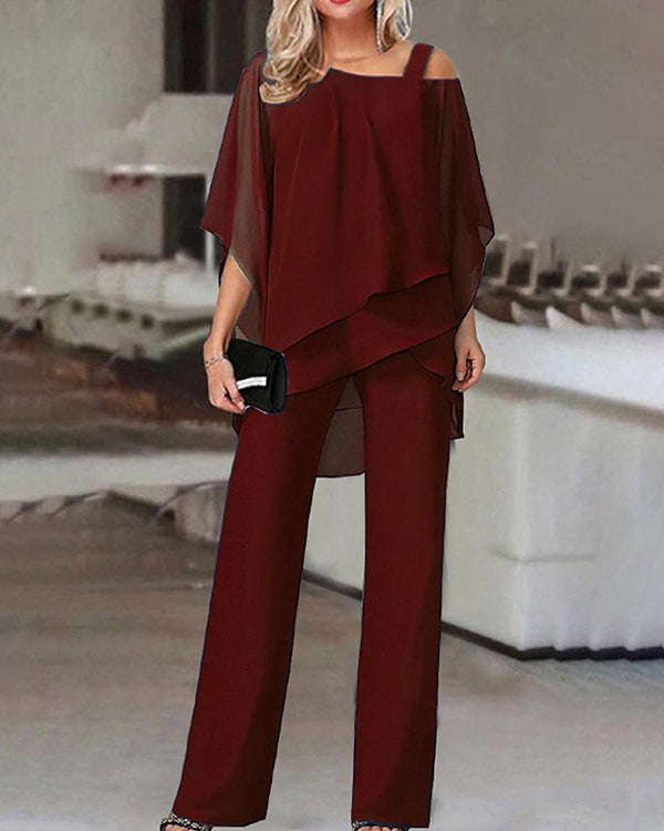 Ensemble Top Mousseline Manches Chauve-Souris et Pantalon
