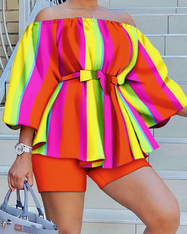 Ensemble Top Imprimé Épaules Dénudées et Short — Grande Taille