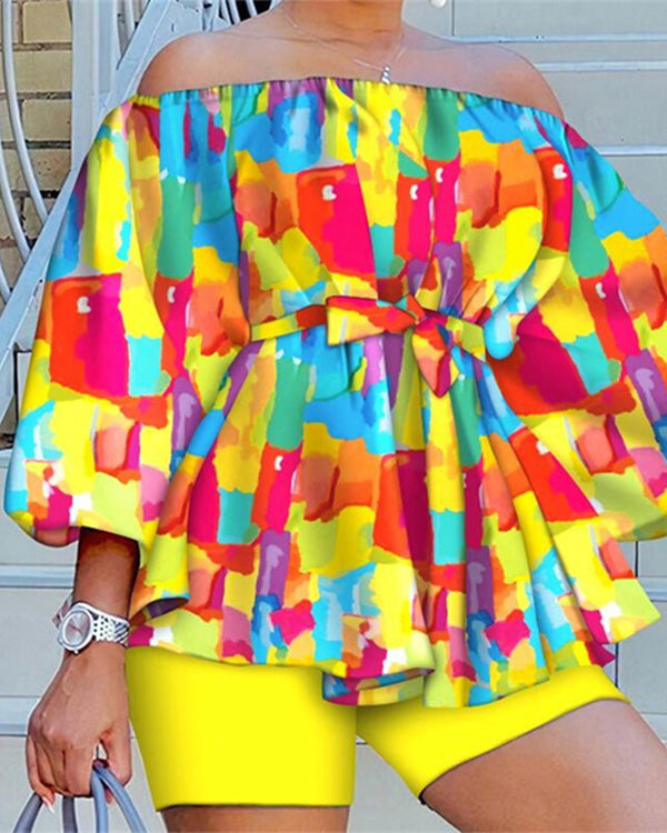 Ensemble Top Imprimé Épaules Dénudées et Short — Grande Taille