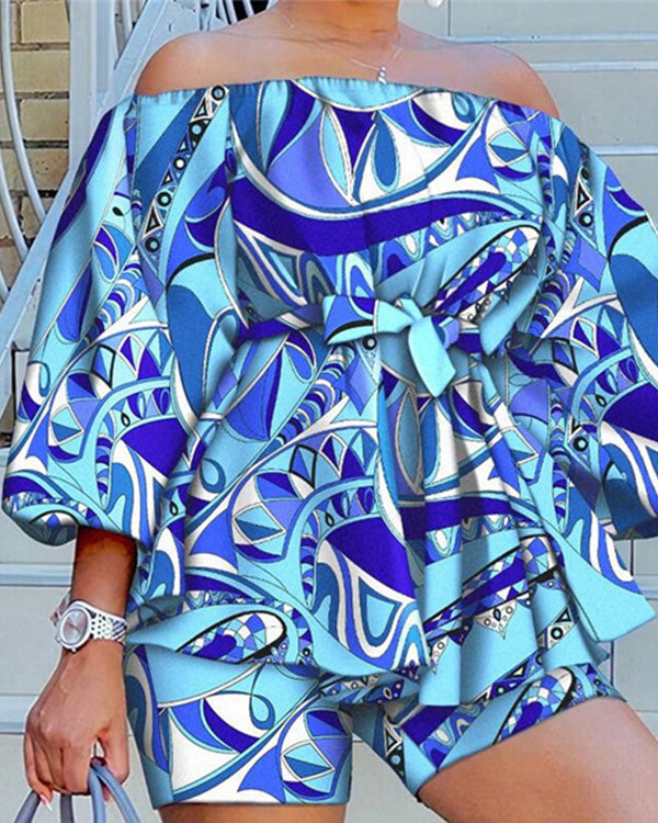 Ensemble Top Imprimé Épaules Dénudées et Short — Grande Taille