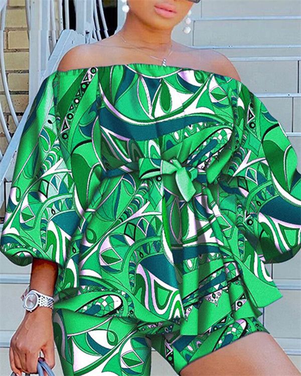 Ensemble Top Imprimé Épaules Dénudées et Short — Grande Taille