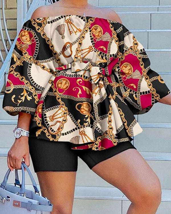 Ensemble Top Imprimé Épaules Dénudées et Short — Grande Taille