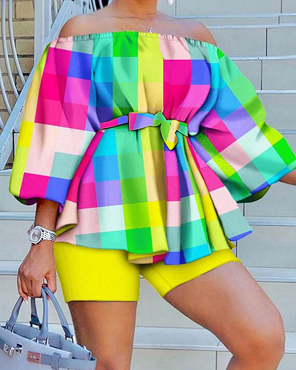 Ensemble Top Imprimé Épaules Dénudées et Short — Grande Taille
