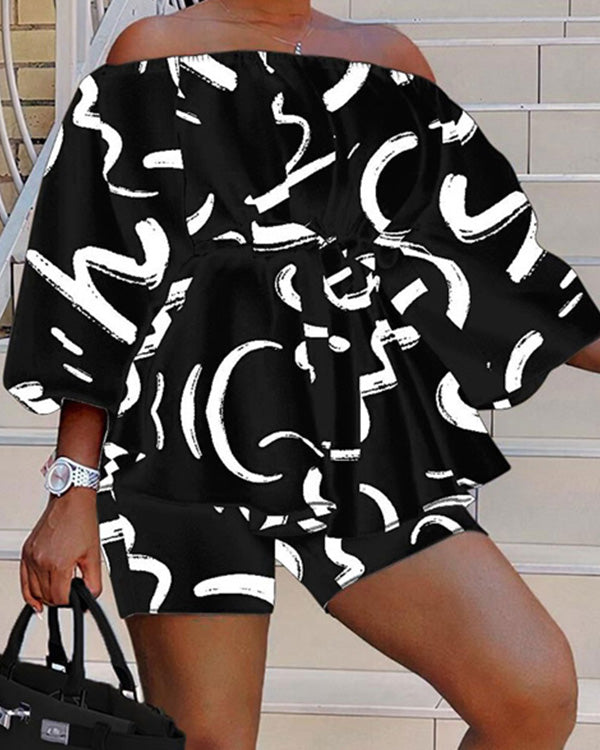 Ensemble Top Imprimé Épaules Dénudées et Short — Grande Taille
