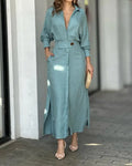 Robe Chemise Longue à Revers, avec Ceinture