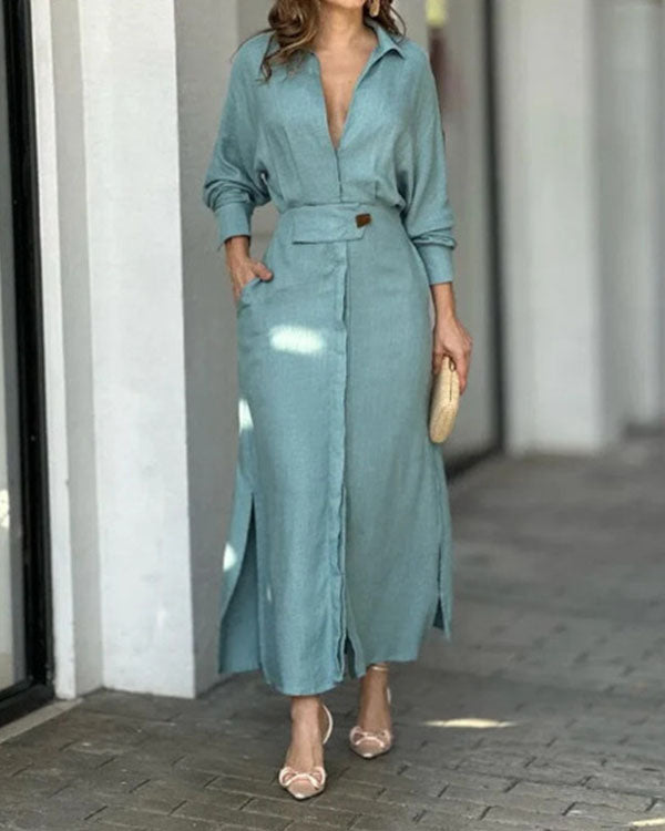 Robe Chemise Longue à Revers, avec Ceinture
