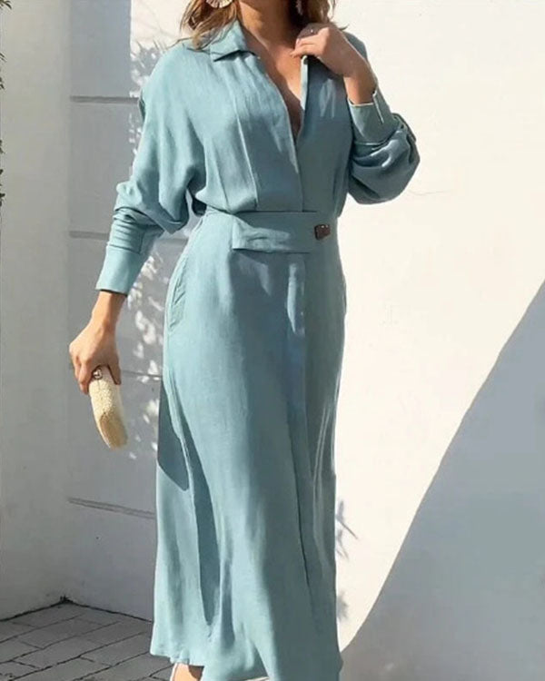 Robe Chemise Longue à Revers, avec Ceinture