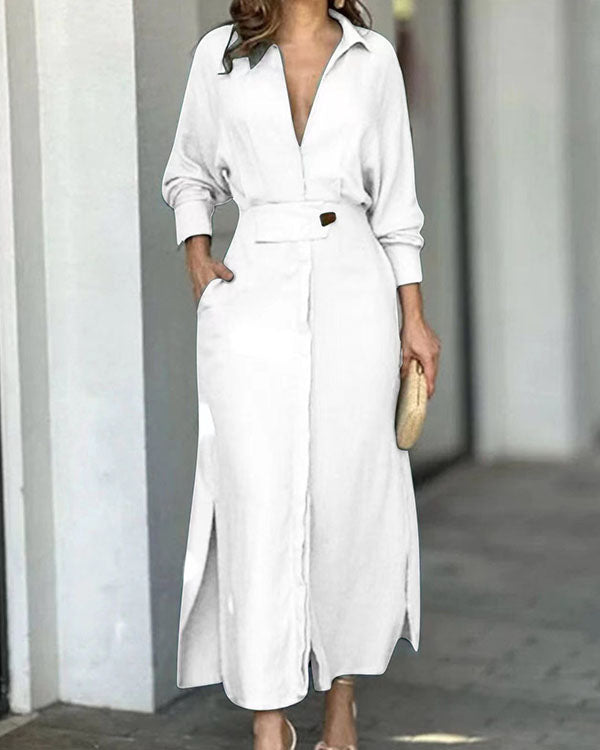 Robe Chemise Longue à Revers, avec Ceinture