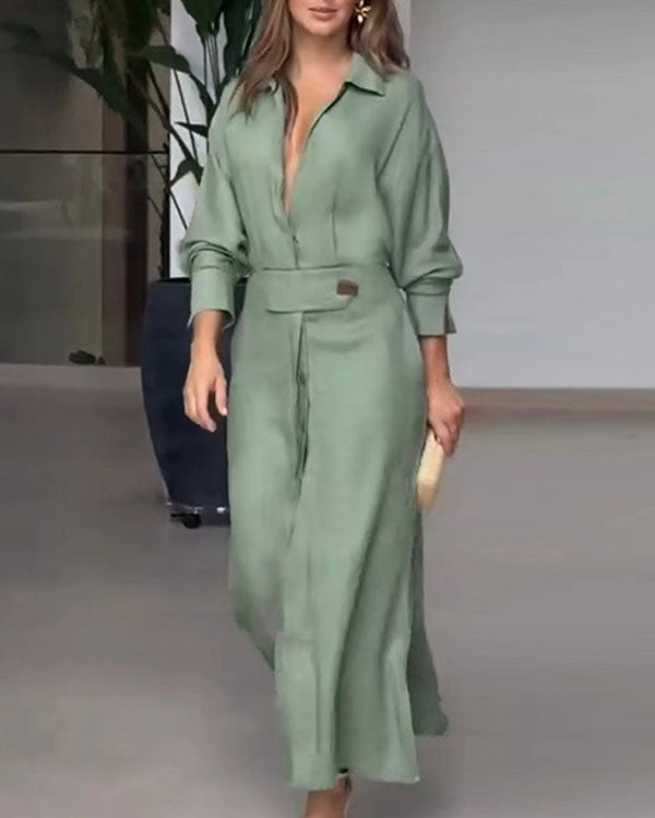 Robe Chemise Longue à Revers, avec Ceinture