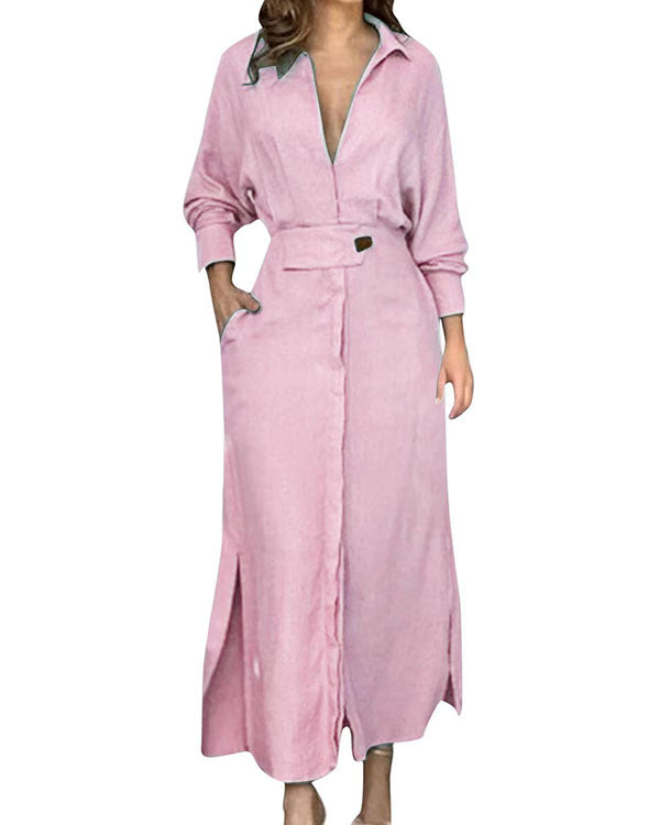 Robe Chemise Longue à Revers, avec Ceinture