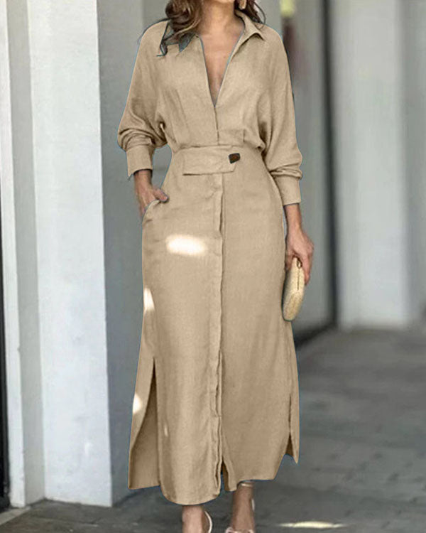 Robe Chemise Longue à Revers, avec Ceinture