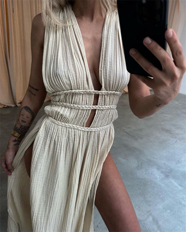 Robe Longue Bohème en Coton, Fente Haute