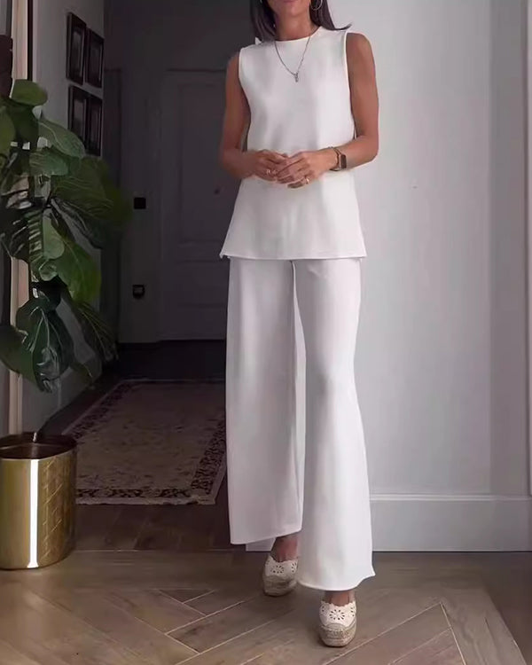 Ensemble Top Uni Sans Manches et Pantalon, 2 Pièces