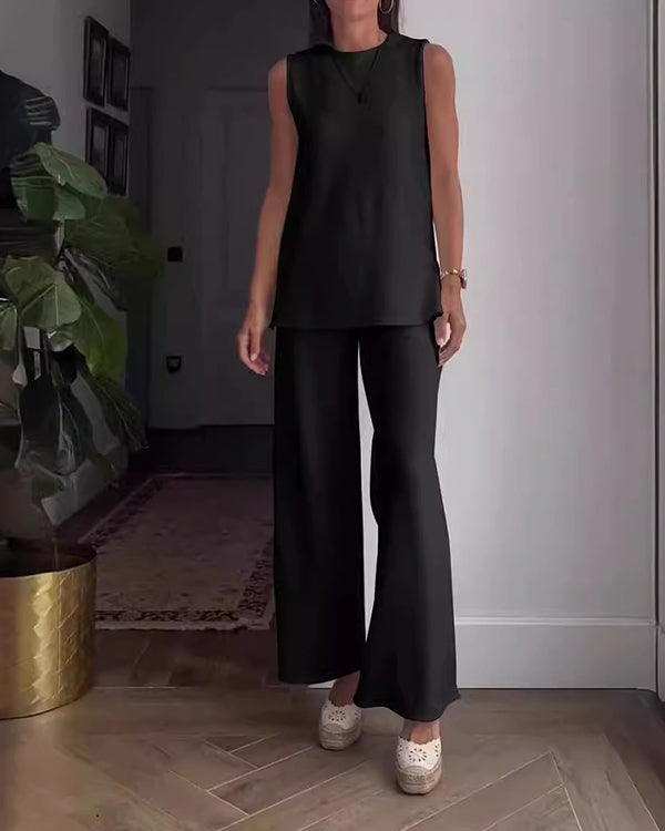 Ensemble Top Uni Sans Manches et Pantalon, 2 Pièces