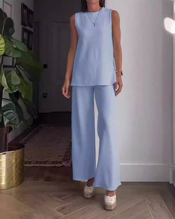 Ensemble Top Uni Sans Manches et Pantalon, 2 Pièces