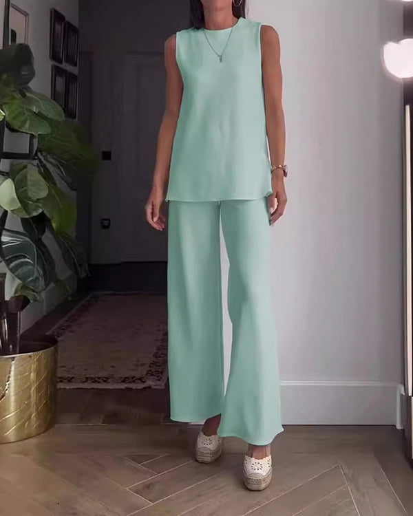 Ensemble Top Uni Sans Manches et Pantalon, 2 Pièces