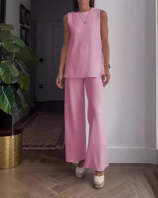 Ensemble Top Uni Sans Manches et Pantalon, 2 Pièces