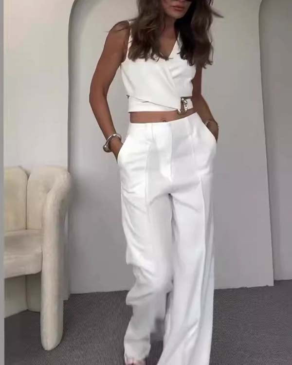 Ensemble Crop Top Drapé et Pantalon Large