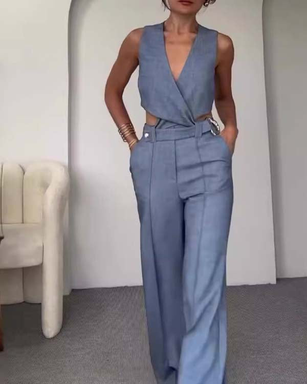 Ensemble Crop Top Drapé et Pantalon Large