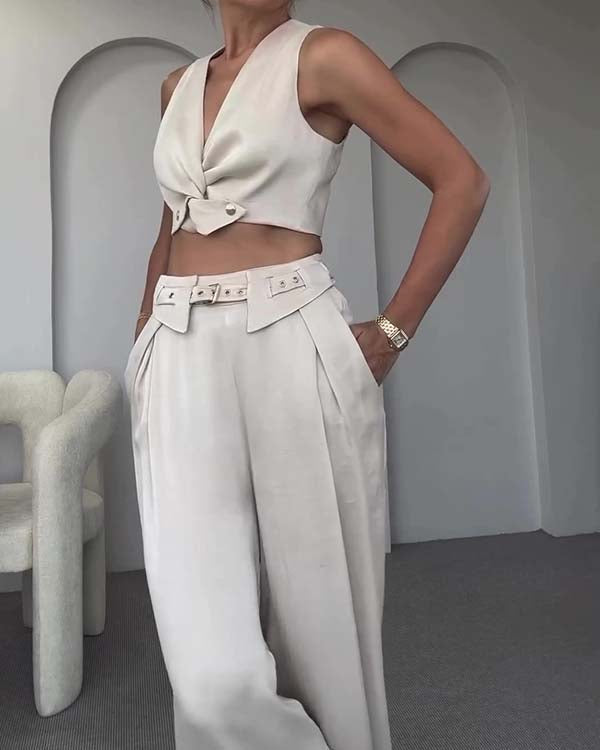 Ensemble Crop Top Col en V et Pantalon Large