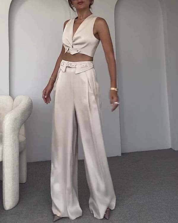 Ensemble Crop Top Col en V et Pantalon Large