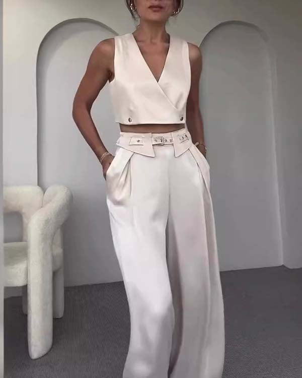 Ensemble Crop Top Col en V et Pantalon Large
