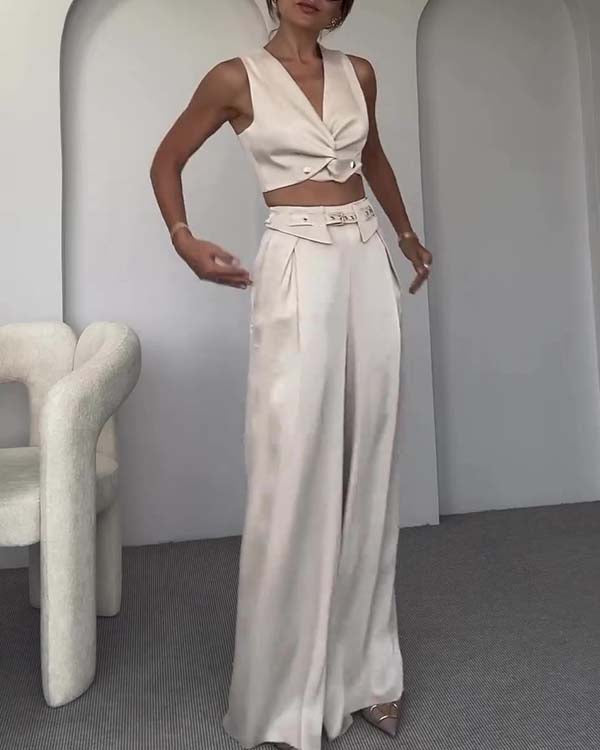 Ensemble Crop Top Col en V et Pantalon Large