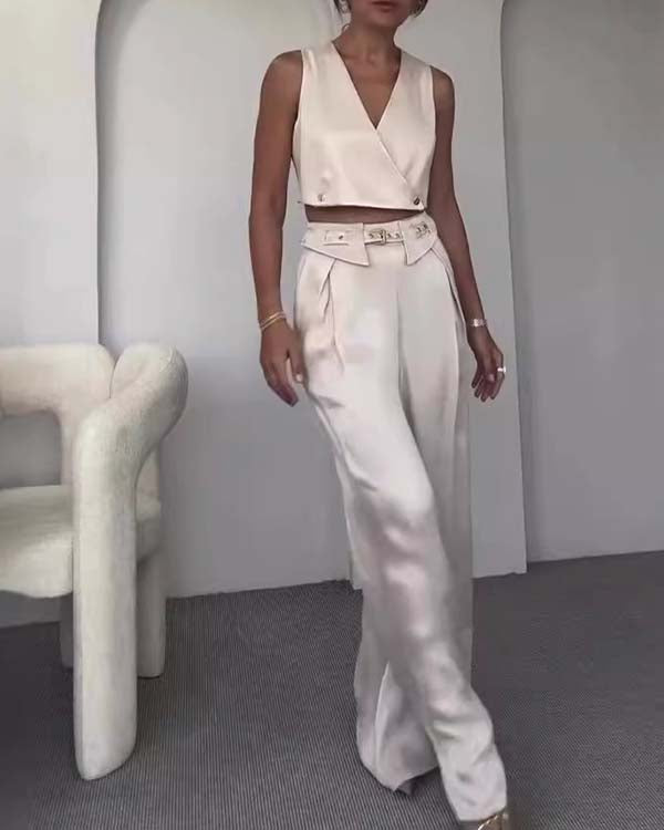 Ensemble Crop Top Col en V et Pantalon Large
