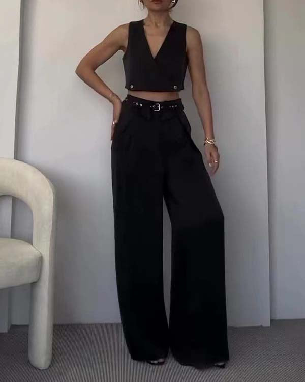 Ensemble Crop Top Col en V et Pantalon Large