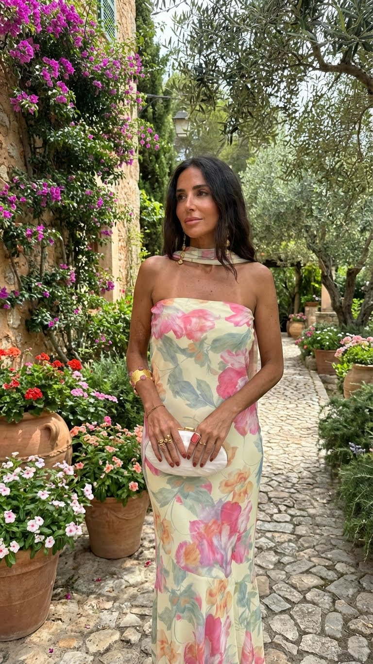 Capri · Robe Longue Bustier Fleurie Aquarelle