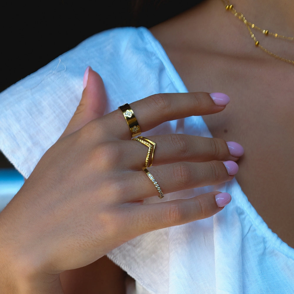 Bague Anneau Trèfle Cristal et Or