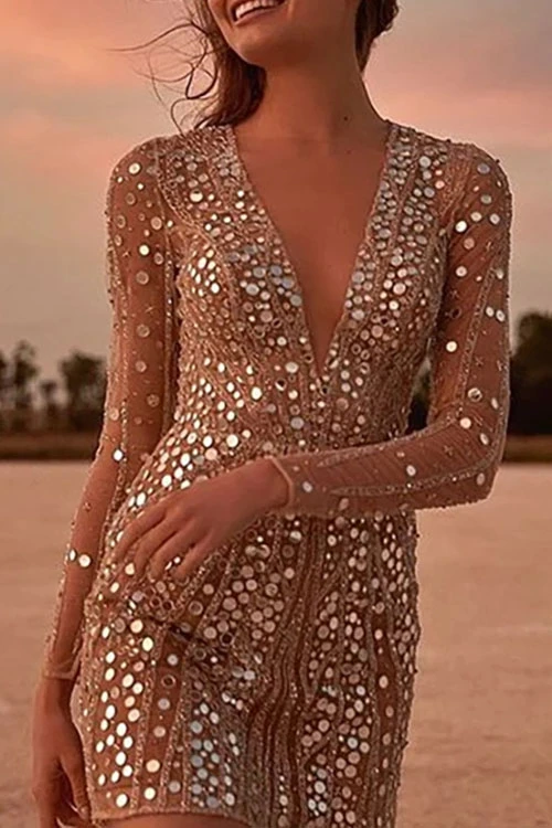 Robe de Soirée Reine, Col en V Profond, Sequins