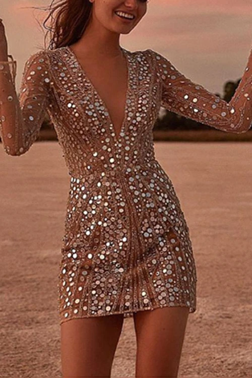 Robe de Soirée Reine, Col en V Profond, Sequins