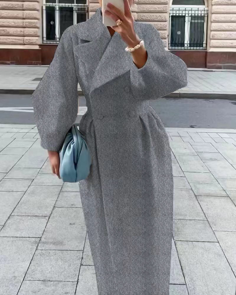 Manteau en Laine à Revers, Manches Lanterne Vintage