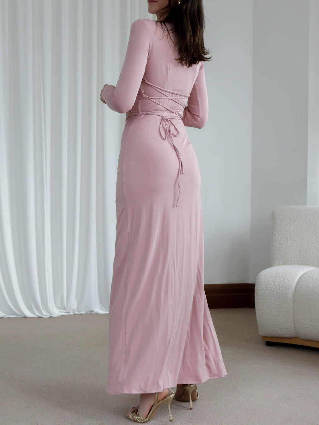 Robe Longue Drapée, Col Rond