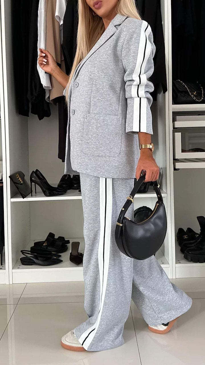 Ensemble Veste Patchwork à Revers et Pantalon Ample