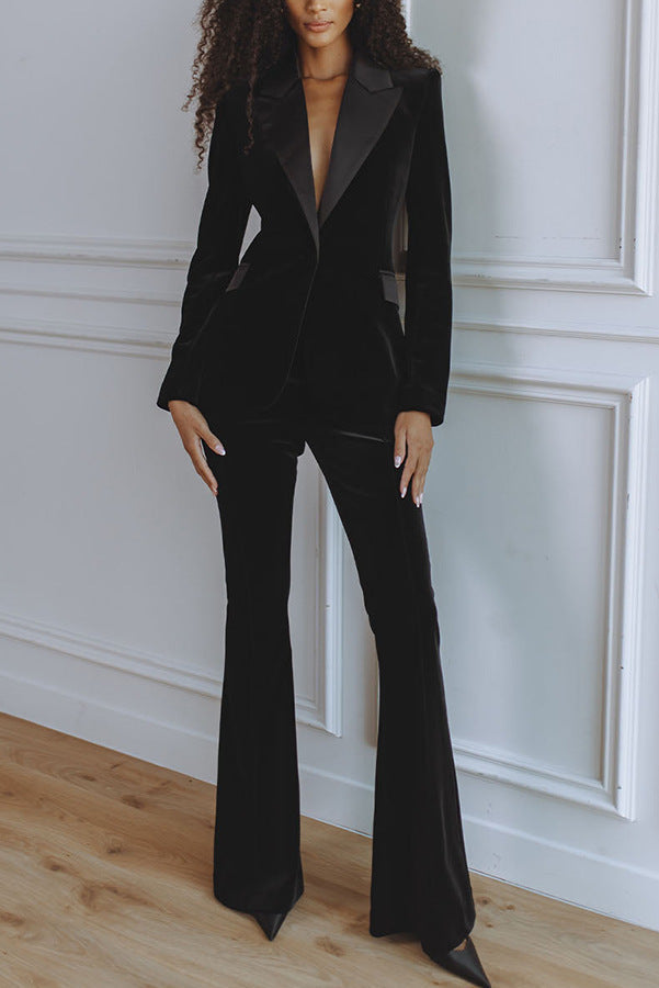 Tailleur Blazer en Velours à Revers et Pantalon Ample