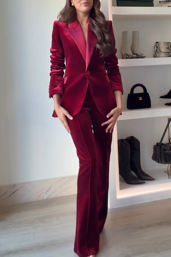 Tailleur Blazer en Velours à Revers et Pantalon Ample