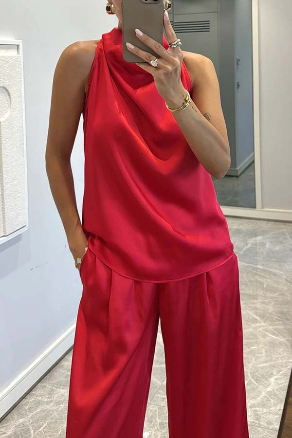 Ensemble Top Satiné Col Halter et Pantalon