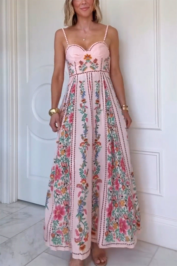 Robe Longue Bohème Imprimée, Bretelle Fine
