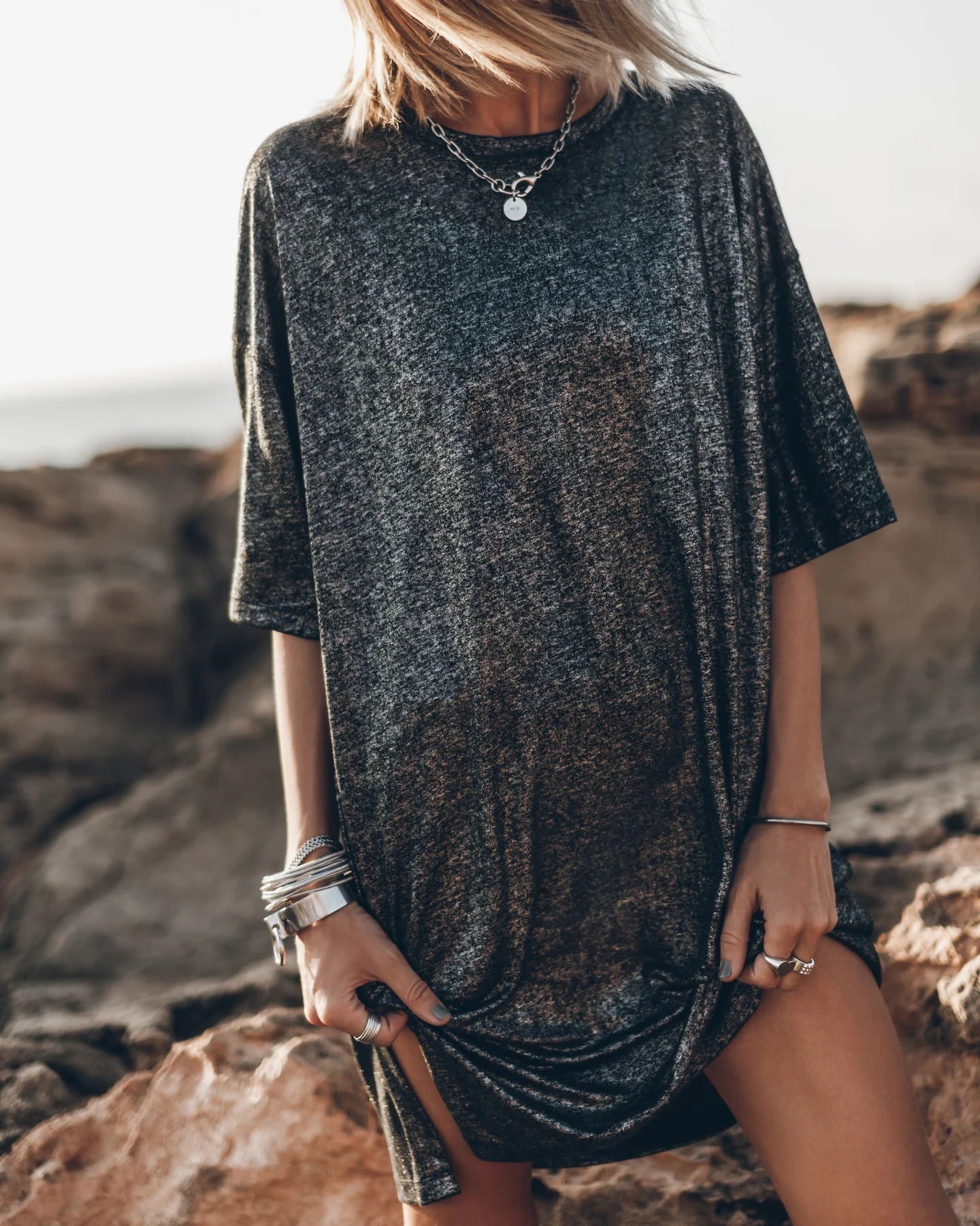 Robe T-Shirt Longue Métallisée Pailletée