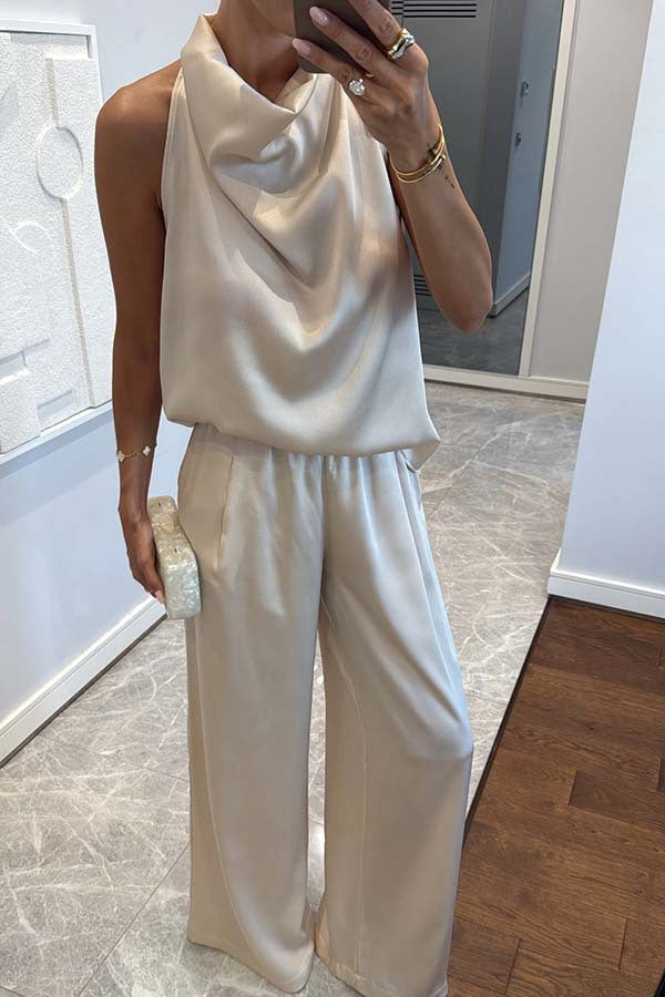 Ensemble Top Satiné Col Halter et Pantalon
