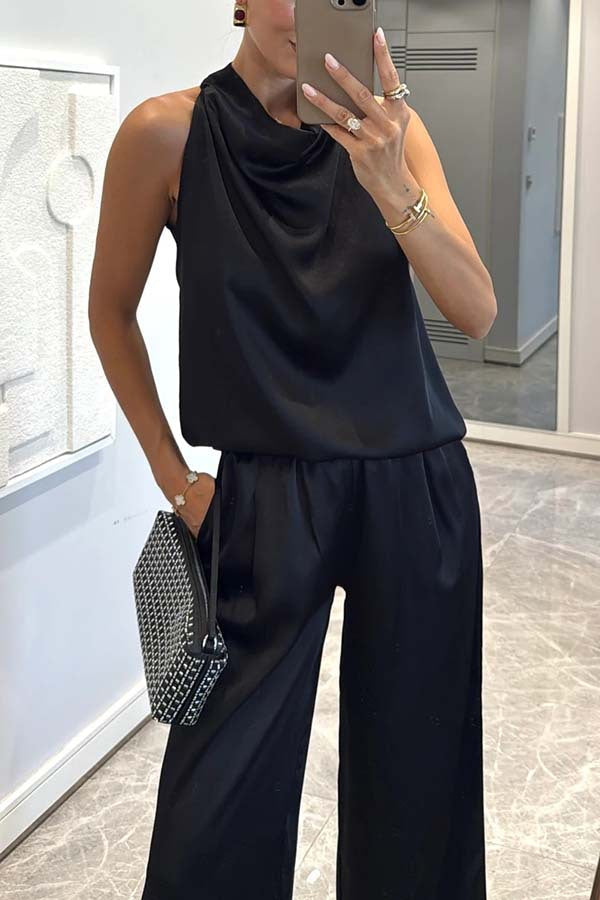 Ensemble Top Satiné Col Halter et Pantalon