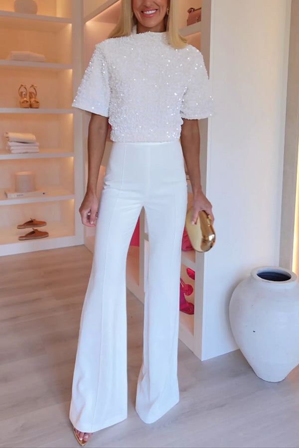 Top T-Shirt en Coton, Col Rond, Sequins
