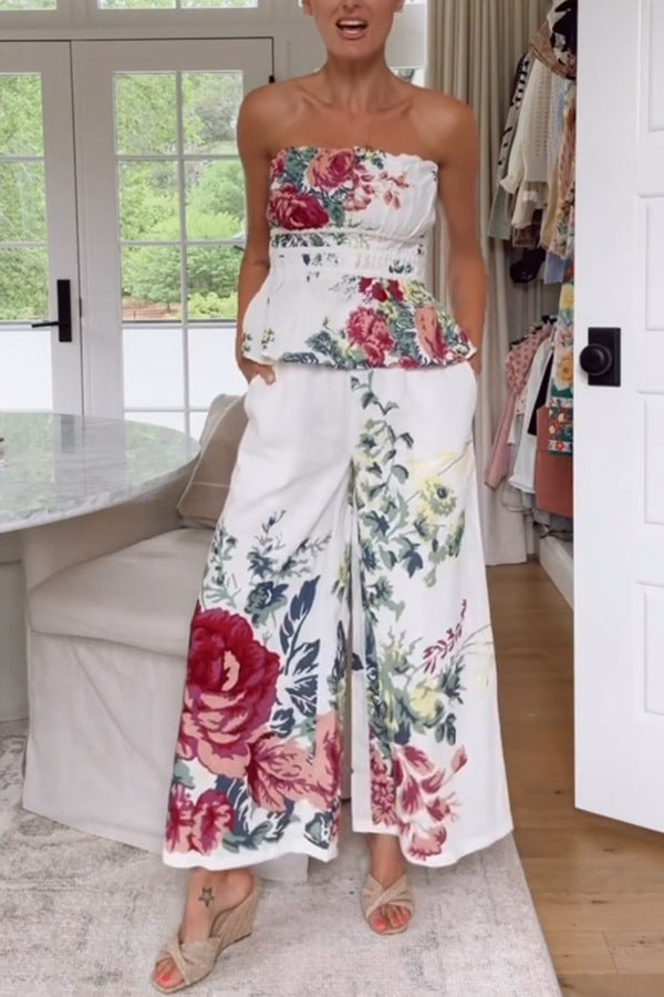 Ensemble Top Bustier Drapé Imprimé et Pantalon, 2 Pièces