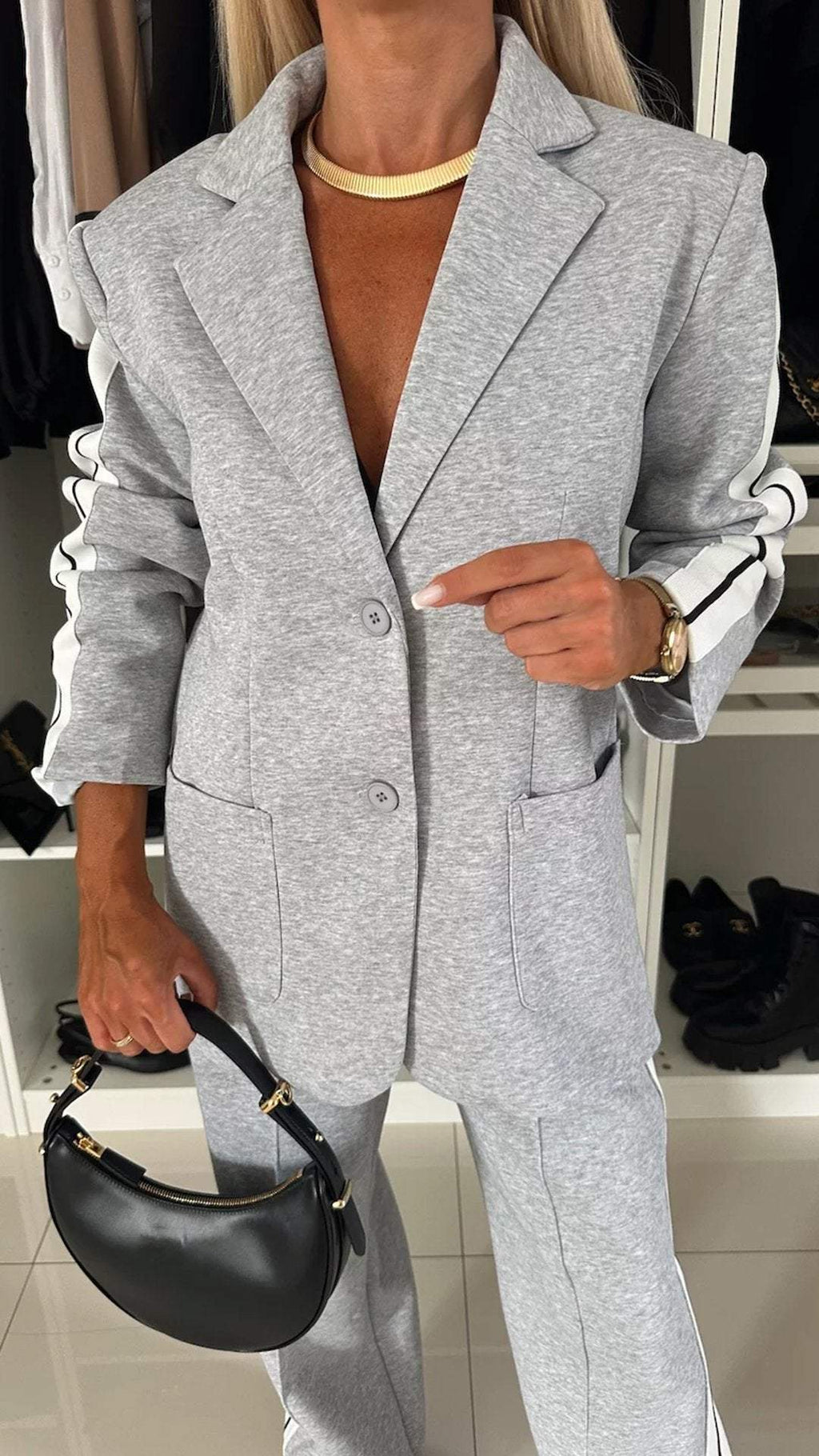 Ensemble Veste Patchwork à Revers et Pantalon Ample